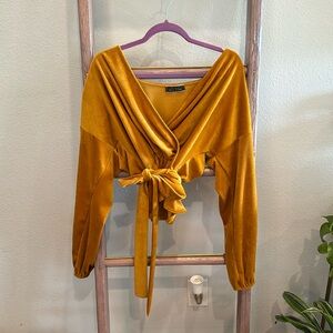 Blue Blush Mustard Velvet Wrap Tie-Front Blouse
